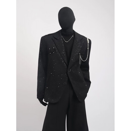 An Chuxia black high-end design light luxury starry sky suit jacket men's niche pearl hanging chain trendy three-piece set three-piece set black + black long sleeves + black trousers XL