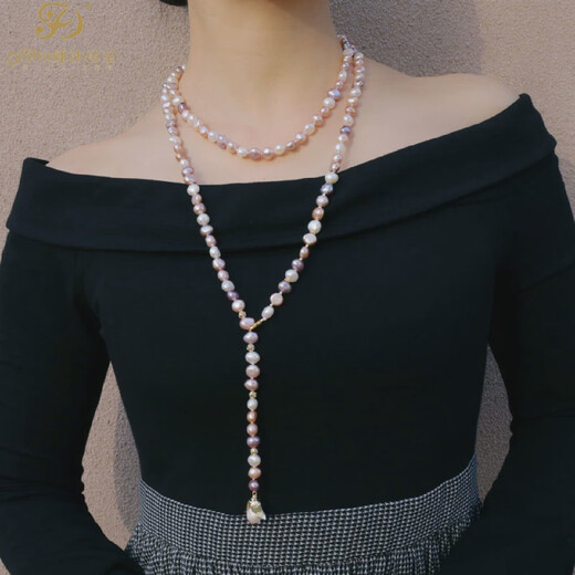 Disha designed natural strong light mixed color pearl baroque style sweater chain pendant mixed color 8-9MM pearl 90cm