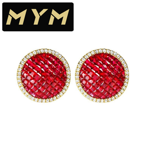 MYM Pigeon Blood Ruby Stud Earrings 18K Gold No Gap Diamond Style 18K Gold