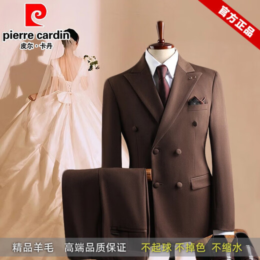 Pierre Cardin light luxury haute couture suit for men, high-end double-breasted 100 wool suit, three-piece groom's wedding dress, black, two-piece suit, M 48, default size 29 trousers
