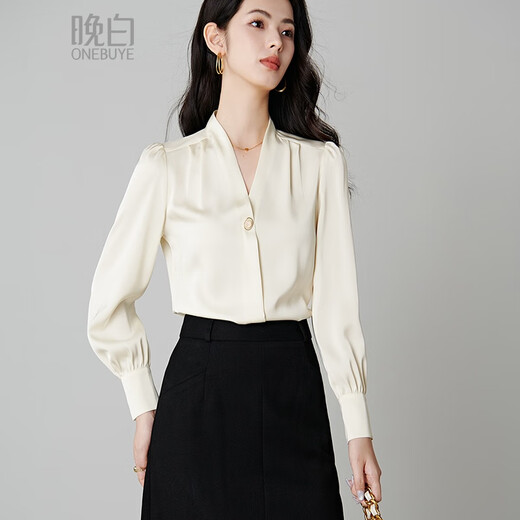 Late white new product 2025 autumn style light and mature V-neck shirt casual age-reducing fashion commuting shirt for women beige L