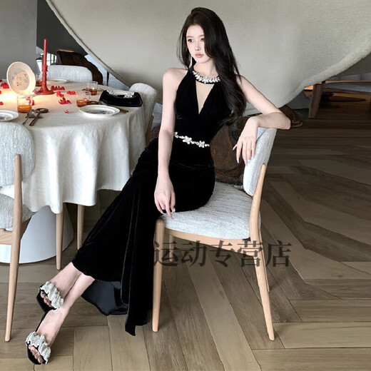 For a dynamic and heavy-duty studded velvet banquet dress, high-waisted figure-hugging butt-hugging long fishtail little black dress, black M