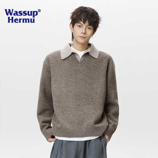 WASSUP HERMU official pullover men's autumn and winter old money style fake two-piece polo collar sweater warm jacket Swire Gray XL (recommended 135-155Jin Jin equals 0.5kg)