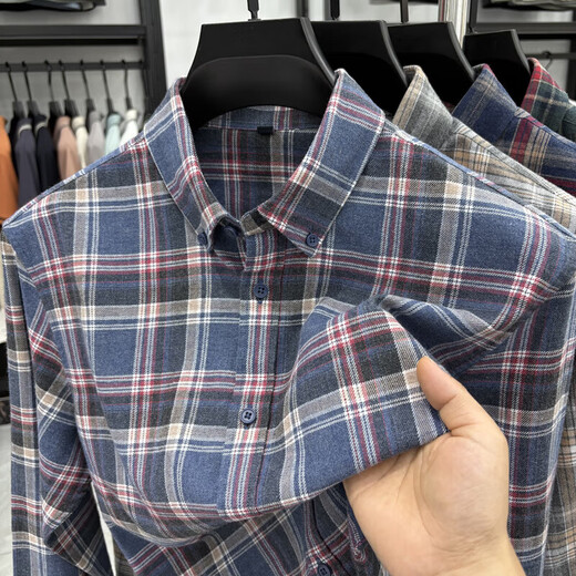 老人头（LAORENTOU）经典款加厚纯棉格子长袖衬衫中青年男士秋季 IF-25143蓝红格 XL 推荐140-160斤