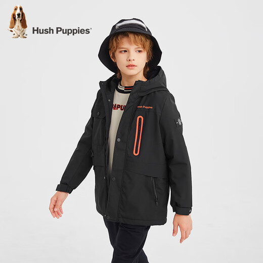 Hush Puppies children's clothing boys' three-proof plus velvet windbreaker autumn and winter children's warm outdoor thick coat diamond black 150