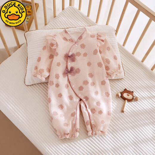 G.duck little yellow duck spring and autumn baby jumpsuit new Chinese style baby girl cheongsam newborn full moon one-year-old gift outer wear double layer leather pink rose jumpsuit 59cm 59 (5-10Jin Jin equals 0.5kg suitable)