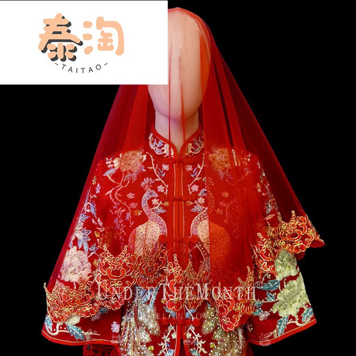 
Thai Tao bride wedding main wedding veil Chinese style wedding Xiuhe clothes red hijab golden lace red veil red gold thread lace 1 hairless comb