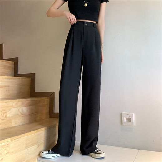 紫昕月阔腿裤女高腰春秋季新款垂感显瘦黑色西装裤直筒宽松拖地休闲裤子 1047#[黑色一纽扣款] S [建议94斤内穿]
