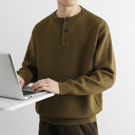 Awesome pure cotton Henry collar half-cardigan sweater for men autumn and winter new men's pullover sweater light mustard green 2XL weight range 150-170Jin Jin is equal to 0.5 kg