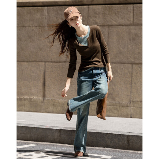 Demana contains fluffy sheep wool, autumn design fake two-piece sweater, color-blocked slim long-sleeved sweater for women