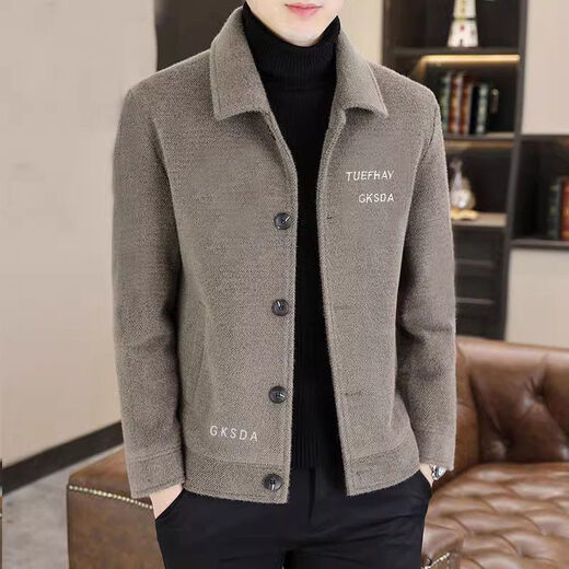 FELALWEN autumn and winter short men's coat slim casual thickened lapel gold mink velvet jacket high-end woolen jacket men's trendy khaki color 2XL recommended 120-140