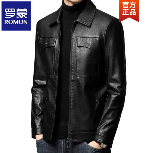 ROMON leather jacket men's spring new leather jacket men's single leather casual lapel father's imitation sheepskin jacket black L 175