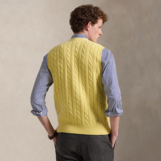 RALPH LAUREN Ralph Lauren Autumn and Winter New American Edition Men's Knitted Wool Vest Cable-Knit Cable Knit Cardigan Vest Yellow/Fall Yellow XS