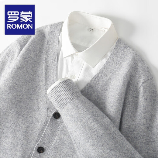 Luo Meng spring and autumn new wool cardigan men's V-neck solid color sweater loose casual sweater top large size jacket light gray M