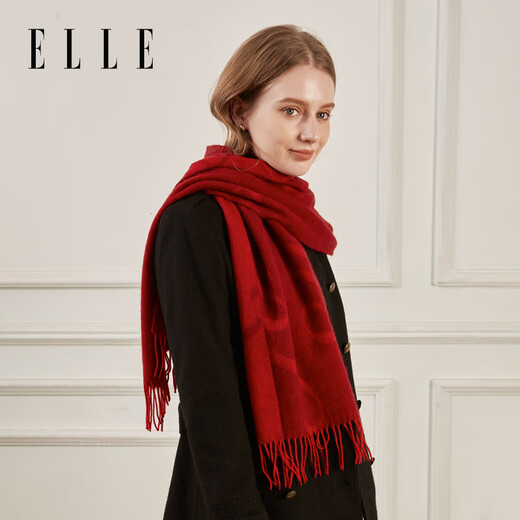 ELLE 100% sheep wool red scarf for women autumn and winter warm scarf jacquard fashion versatile gift box