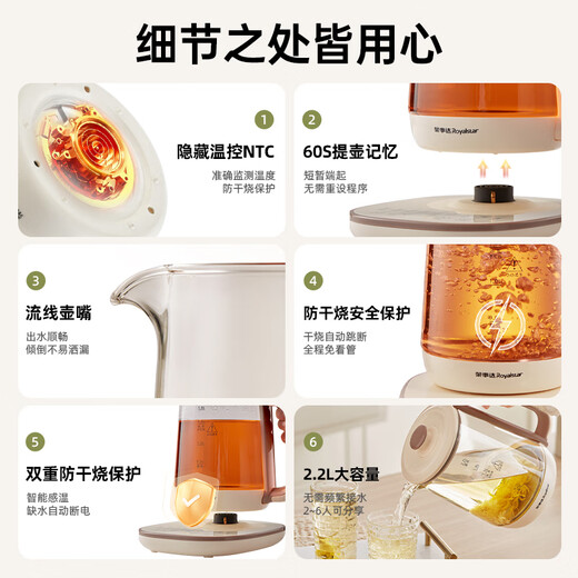 Royalstar Health Pot Stewing Pot Integrated Tea Boiler Teapot Household Kettle Glass Constant Temperature Kettle Mini Office Two-in-One Dormitory Insulation Fully Automatic 2025 New 2.2L Large Capacity 304 Food Grade + Steamed Egg Rack + 24H Insulation + 3 Years Warranty