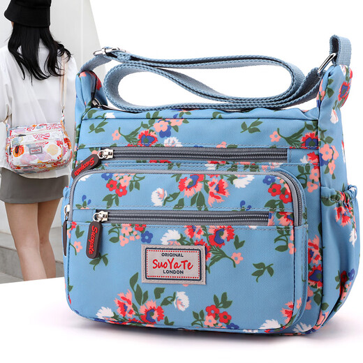 Kimberley Kangaroo 2025 Neue bedruckte Damentasche, große Kapazität, modische Mumientasche, leicht, wasserdicht, One-Shoulder-Kuriertasche, Stofftasche, Leinentasche, blaue Unterseite, Blumenmuster