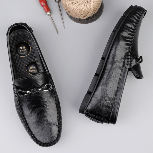 
SATCHI Light Luxury 2025 Summer New Genuine Leather Beanie Shoes Men's Lazy Loafer Soft Sole Business Men MT9913 Black 38