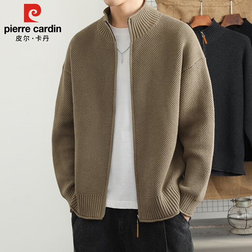 Pierre Cardin sweater men's autumn and winter trendy high-end cardigan jacket men's casual stand-up collar sweater men's black XL
