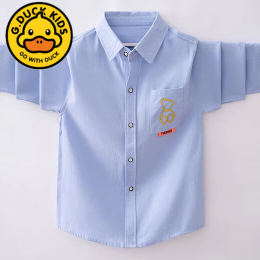 G.duck children's long-sleeved smiling face shirt boys' spring and autumn pure cotton shirt for middle-aged and primary school students pure cotton with pockets fashionable bear blue 150 cm