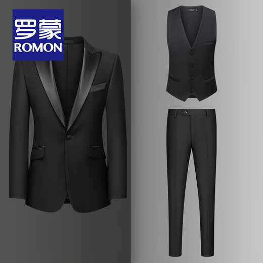 ROMON haute couture suit with lapel collar, groom's wedding suit, men's business professional formal dress, slim tuxedo dress, black single-breasted lapel collar/three-piece suit