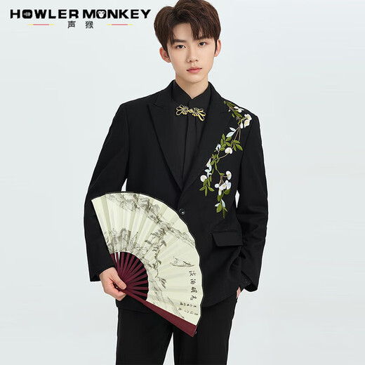 Sound Monkey Suit Men's Engagement Wedding New Chinese Suit Jacket Embroidery Men's Casual Tunic Wedding Suit Black Jacket + Black Shirt + Black Trousers Three-piece Set 2XL