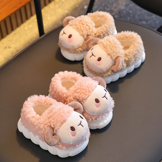 Winter children's cotton slippers with heel for girls, warm and velvet at home for boys, cute cotton shoes for small and medium-sized children at home, light coffee (heel) 12, size 26/27 (shoe inner length 16CM, suitable for feet 15