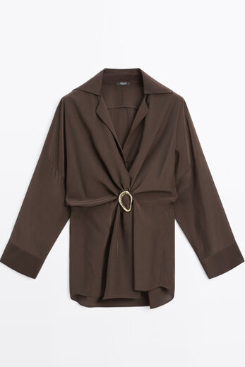 Massimo Dutti Discount Upgrade 2026 Women's French Elegant Temperament Brooch Waist Long Shirt Long Sleeve 05135695 Chocolate M -L (CN 175/96A)
