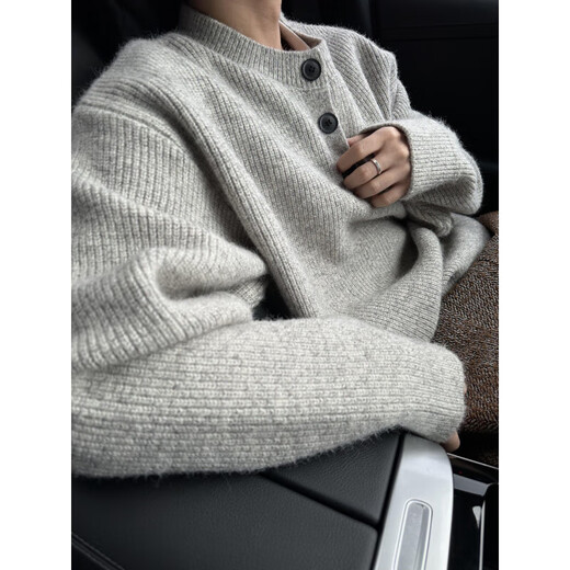 Denvanwei Henry collar light gray sweater men's autumn and winter lazy sweater American retro relaxed jacket light gray M (recommended 90-100Jin Jin equals 0.5 kg)