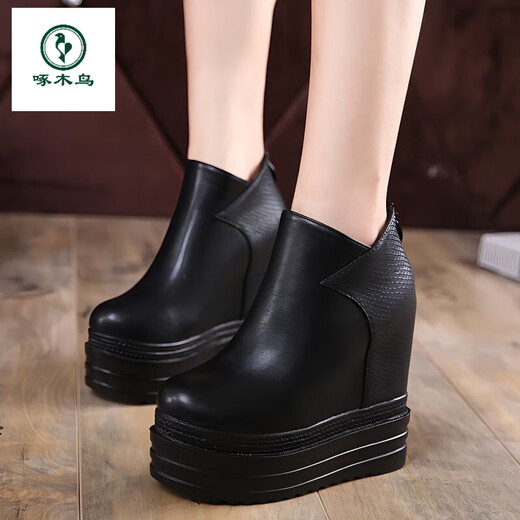 Woodpecker's new genuine leather Martin boots 12 thick-soled wedge short boots ultra-high heels platform women's boots with increased height and velvet naked boots black (heel height 14 cm single mile) 35