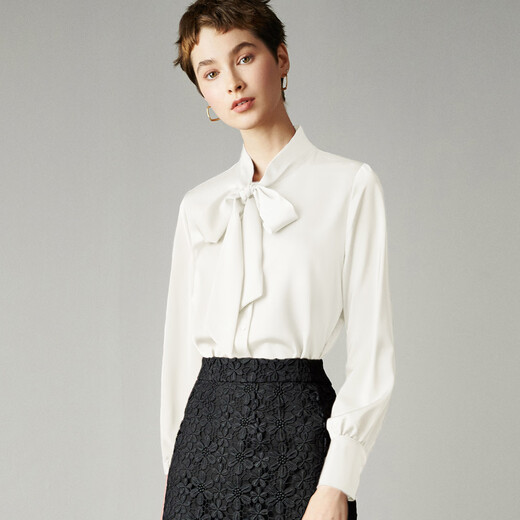 Yanyu bow tie long-sleeved shirt women's autumn 2025 temperament professional commuting satin shirt white M