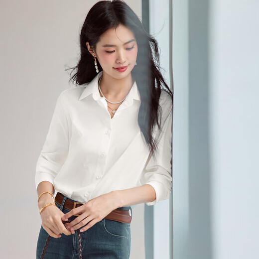 
Evely anti-wrinkle basic shoulder style workplace commuting cotton shirt for women 2025 autumn new small top This white L 115-130Jin [Jin equals 0.5 kg]