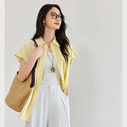 Vanciman Pure Cotton Damen-Kurzärärmel-Hemd für Frauen 2025 Sommer Neues Pendler einfaches Hemd Lose Revers Top M9859 Zitronen Sie