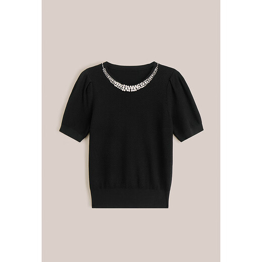 OBBLIGATO Olivia summer round neck hand-beaded waffle sweater black sweater S