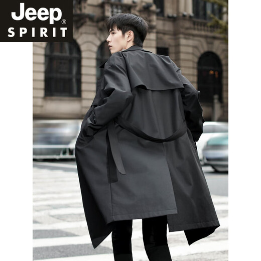 JEEP SPIRIT high-end windbreaker men's medium-length coat 2025 new spring and autumn youth black casual cloak men's coat black M