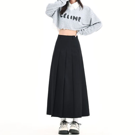 Lugeli skirt women's new pleated suit mid-length skirt high waist a-line skirt covering the crotch high-end elegant slim casual skirt black with belt XL recommended 110-125 Jin Jin equals 0.5 kg