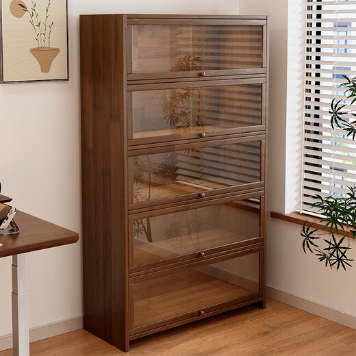 Lin Zhiyu solid wood bookcase dust-proof bookshelf floor-standing integrated wall storage rack home living room storage cabinet floor-to-ceiling door Main picture 5-layer deepening and heightening 100x34x190 Walnut color