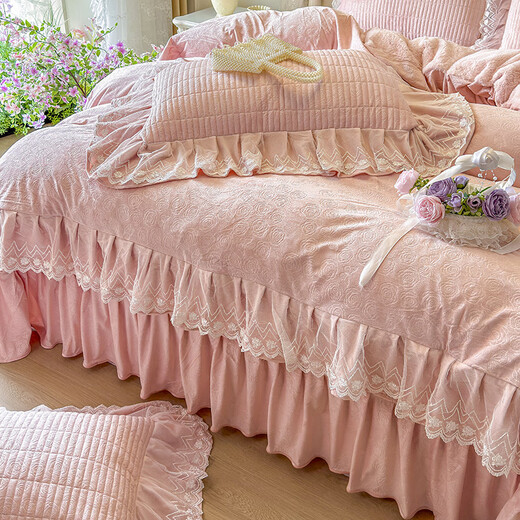 Yalu Korean lace baby velvet bed skirt four-piece set winter double-sided milk velvet warm bed sheet quilt cover three-piece set Chanel Garden-Pink Jade bed cover 1.5m four-piece set