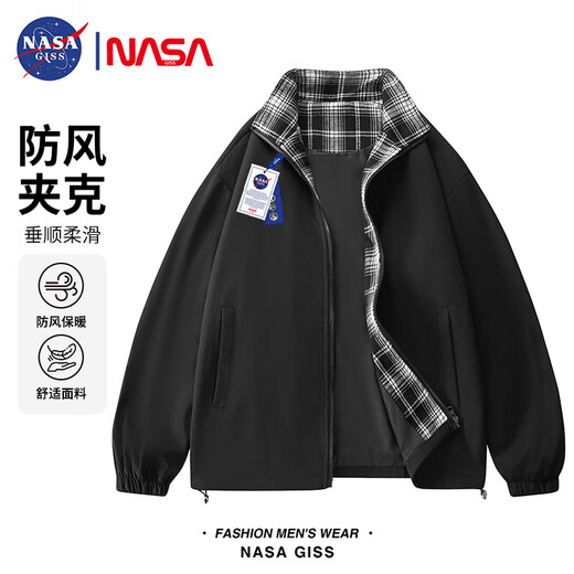 NASA GISS Jacket Men's Trendy Spring and Autumn Korean Style Youth Stand Collar Loose Casual Windproof Warm Jacket Men Black XL