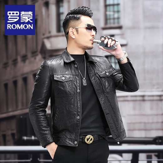 ROMON autumn and winter new leather jacket men's short casual leather jacket lapel motorcycle fashion leather jacket single leather model 4XL 190 suitable for 165-180Jin Jin equals 0.5 kg