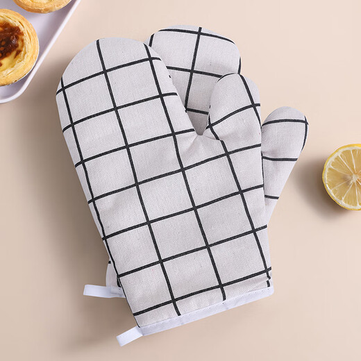 Chuangjingxin selects oven gloves, German quality kitchen thickened thermal insulation anti-slip gloves tools, high temperature resistant and anti-scalding household oven micro white plaid 2 pieces