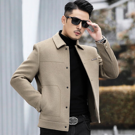 ROMON high-end wool coat, middle-aged men's short woolen jacket, autumn and winter thickened goose down lining wool coat for men, light gray M 170 recommended 100-125 Jin Jin equals 0.5 kg