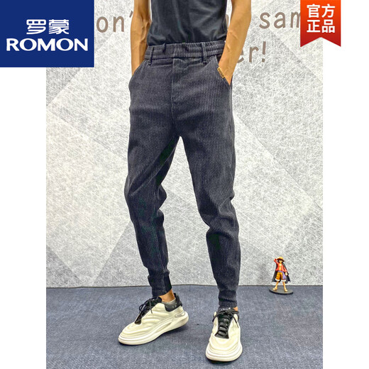 
ROMON jeans men's autumn and winter new style striped slim fit plus velvet thickened small feet trendy stretch sports casual pants men black W6623 28