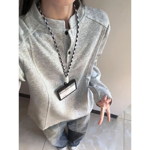 Xinyoujie American Henry collar polo shirt sweatshirt for men and women in autumn deconstructed splicing long-sleeved T-shirt cleanfit right shoulder top Gray M