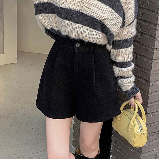 Korean style woolen shorts for women 2025 autumn and winter high-waisted hip-covering wide-leg pants for small people A-line Martin boot pants M01 black without belt M recommended 95-105Jin Jin equals 0.5 kg