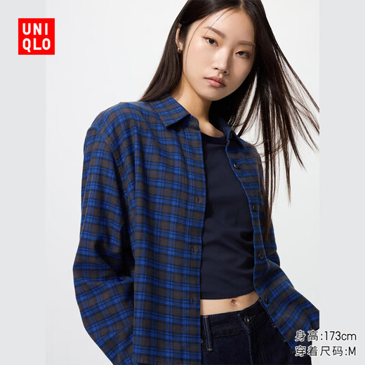 Uniqlo Women's Flannel Box Shirt/Platform American Retro 479086 65 Royal Blue L/160/88A