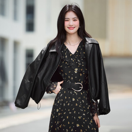 伊芙丽复古风宽松气质皮夹克短外套女新款百搭时髦外套女 黑色 预售[8月23日] S