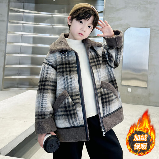 Monkey Brother Boy's Velvet Jacket Autumn and Winter Clothing Medium and Large Children's Western Style Mid-Length Woolen Coat Boys' Winter Clothing Thickened Top Picture Color 150