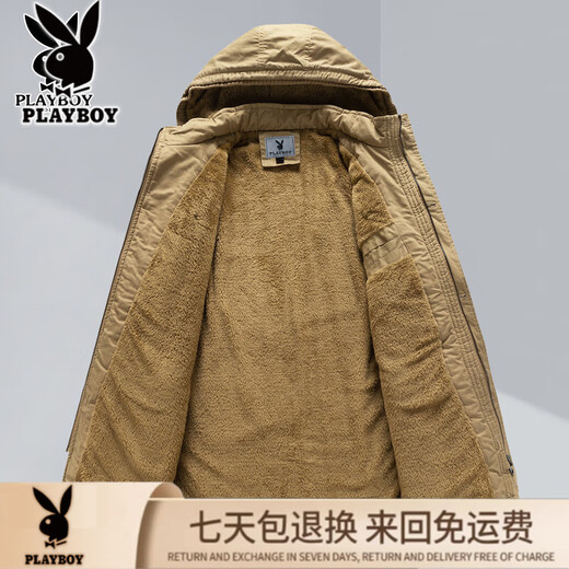 Playboy Pure Cotton Mid-Length Workwear Down Jacket Men's Winter New Middle-aged and Elderly Plus Velvet Thickened Warm Cotton Jacket 2228# Military Green M Suitable for 90-110 Jin Jin equals 0.5 kg