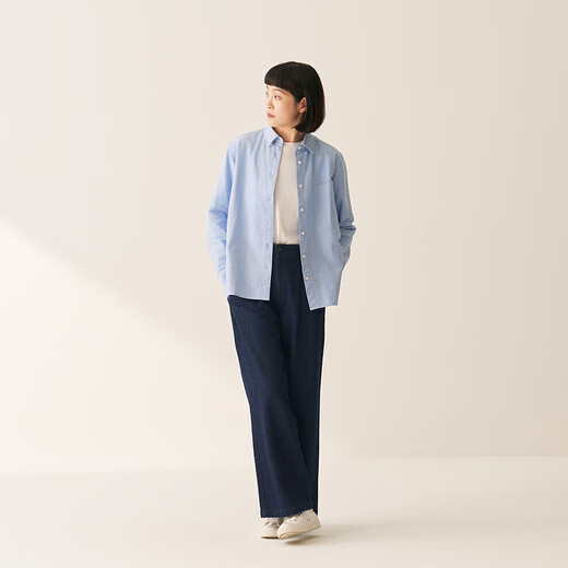 MUJI Women's Cotton Washed Oxford Button Collar Long Sleeve Shirt Women's Shirt Jacket Top 25 Winter Women's Saxon Blue M (160/84A)
